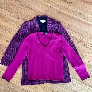 1980s Vintage Saks Fifth Avenue Fuchsia Blazer and Cashmere V-Neck Sweater